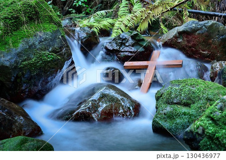 New Zealand Native Bush Flowing Water Over Cross New Zealand Native Bush Flowing Water Over Cross 130436977