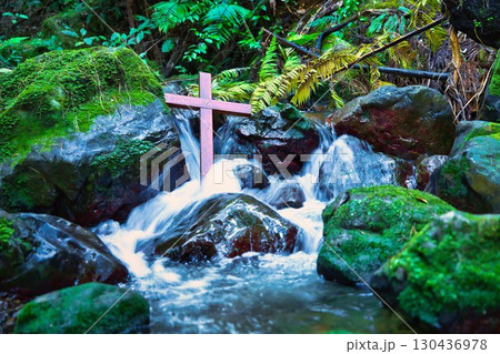 New Zealand Native Bush Rushing Water Around A Cross New Zealand Native Bush Rushing Water Around A Cross 130436978