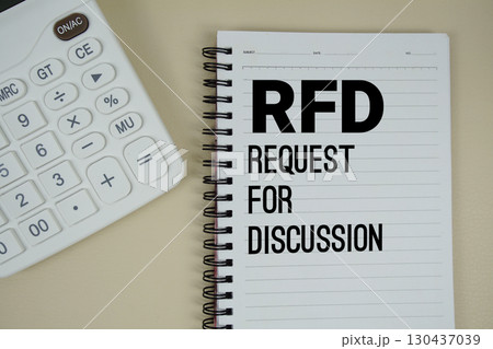 RFD Abbreviations of Request for Discussion text with calculator phrase of business and financial concept 130437039