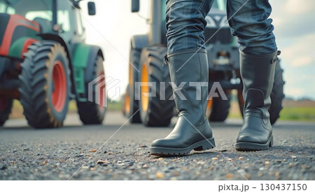 farmer standing next to a modern tractor on a rural road, focusing on her brown boots. 130437150