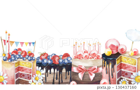 Rectangular horizontal frame with handmade birthday cakes. Watercolor illustration on a white background. A festive template with an empty place to insert. For postcards, invitations, greetings. 130437160