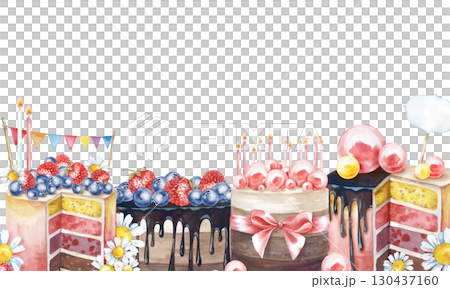 Rectangular horizontal frame with handmade birthday cakes. Watercolor illustration on a white background. A festive template with an empty place to insert. For postcards, invitations, greetings. 130437160