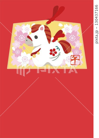 午　午年　馬　年賀状　年賀2026　土鈴　絵馬　和風　フレーム　テンプレート　デザイン　イラスト素材 130437166