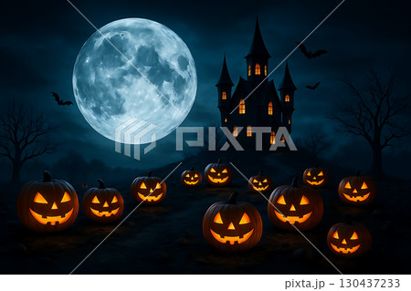 満月とお城とかぼちゃのハロウィン夜景イメージ 130437233