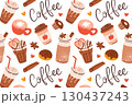 Seamless pattern with coffee cups and autumn drinks. Flat cartoon vector illustration of latte, iced coffee, cocoa, cinnamon, muffins, donuts, handwritten lettering. Cozy fall design 130437243