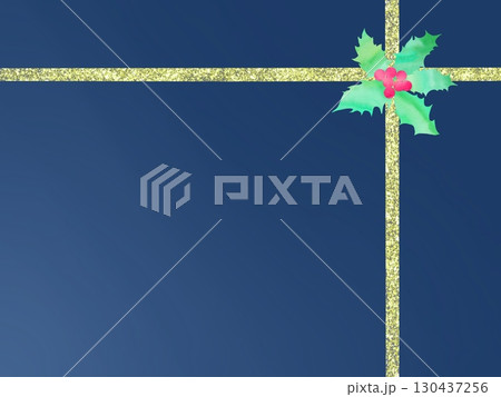 深い青色の包装紙に金色のリボンをかけたデザインのクリスマスフレーム。エレガントなお祝い向けイラスト。 130437256