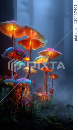 Giant glowing mushrooms enchanted forest mystical fantasy night misty colorful surreal 130437401