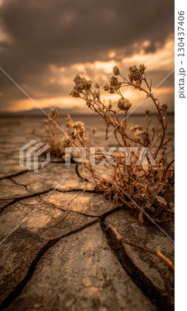Drought cracked earth dry plant sunset dramatic sky arid landscape nature 130437406