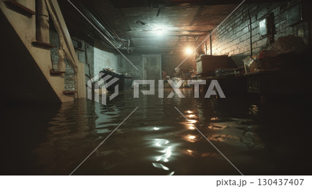Flooded basement murky water old building storage room disaster damage emergency wet 130437407