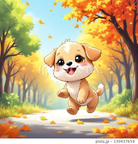 紅葉の道で楽しそうにジャンプする仔犬 130437659