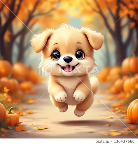 ハロウィンの飾りの道で喜んで走る子犬 130437660