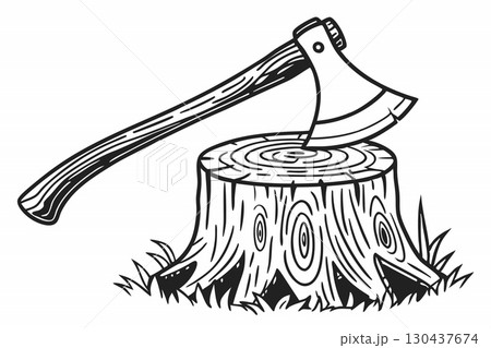 Lumberjack axe for chopping firewood, wood stuck in stump 130437674