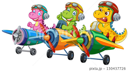 Cartoon Dinosaurs Piloting Colorful Airplanes in Formation Cartoon Dinosaurs Piloting Colorful Airplanes in Formation 130437726