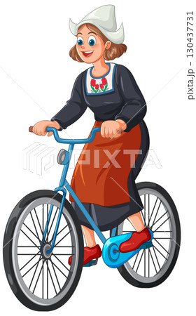 Dutch Woman in Traditional Dress Riding Bicycle Illustration 130437731