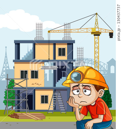 Sad Construction Worker at Building Site with Crane Sad Construction Worker at Building Site with Crane 130437737