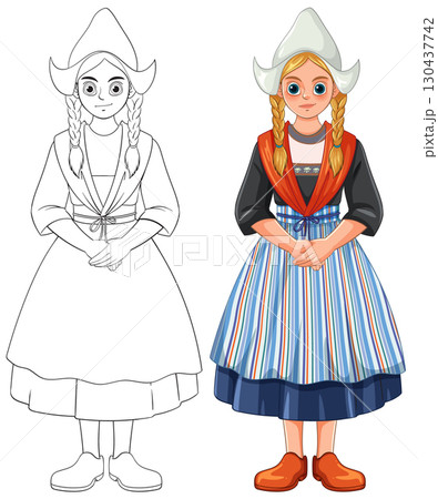 Dutch Girl in Traditional Costume, Colored and Outline Versions Dutch Girl in Traditional Costume, Colored and Outline Versions 130437742