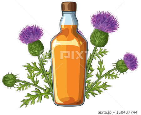 Whisky Bottle with Scottish Thistle Flowers Illustration 130437744