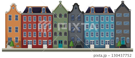 Colorful Dutch Canal Houses in Flat Vector Style 130437752