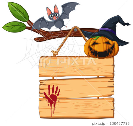 Halloween Pumpkin and Bat on Wooden Sign Illustration 130437753