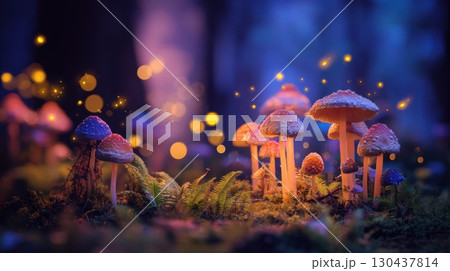 Enchanted forest with glowing mushrooms and magical lights at twilight 130437814