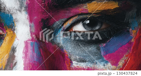 Close-up of colorful painted eye with vibrant brush strokes on skin 130437824