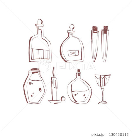 witchcraft potion bottles vials cup and candle handdrawn set ideal for halloween packaging Vector Illustration witchcraft potion bottles vials cup and candle handdrawn set ideal for halloween packaging Vector Illustration 130438115