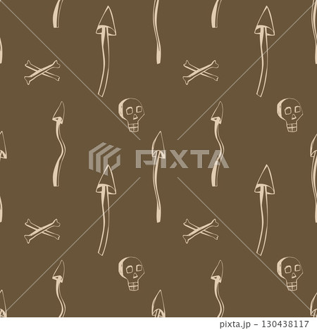 spooky mushrooms skull and bones seamless pattern in beige on moss green perfect for halloween designs Vector Illustration 130438117