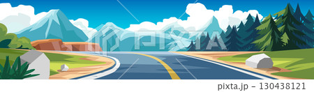 Curvy asphalt road on the meadow with forest. Asphalt road leading to the destination ahead. Green fields surrounded by Ice Valley. Vector or Illustration transport and nature background for banner. Curvy asphalt road on the meadow with forest. Asphalt road leading to the destination ahead. Green fields surrounded by Ice Valley. Vector or Illustration transport and nature background for banner. 130438121