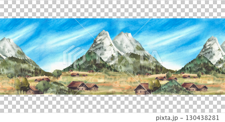 Alpine mountains landscape seamless border. Watercolor Zugspitze peaks with blue sky and Cabins, huts on hills and fields. German or Bavarian landmark. Hand drawn isolated from background illustration 130438281
