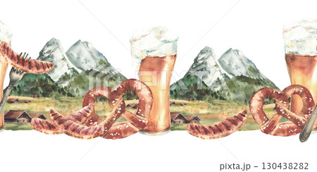Beer with sausage and pretzel against of Bavarian Zugspitze seamless border. Watercolor Alpine mountains landscape print German Oktoberfest drink and snack pattern. Hand drawn isolated from background Beer with sausage and pretzel against of Bavarian Zugspitze seamless border. Watercolor Alpine mountains landscape print German Oktoberfest drink and snack pattern. Hand drawn isolated from background 130438282