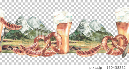 Beer with sausage and pretzel against of Bavarian Zugspitze seamless border. Watercolor Alpine mountains landscape print German Oktoberfest drink and snack pattern. Hand drawn isolated from background Beer with sausage and pretzel against of Bavarian Zugspitze seamless border. Watercolor Alpine mountains landscape print German Oktoberfest drink and snack pattern. Hand drawn isolated from background 130438282