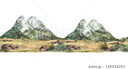 Alpine mountains landscape seamless border. Watercolor Zugspitze peaks, rocks with Traditional Cabins, huts on hills and pasture fields. German or Bavarian landmark. Hand drawn isolated illustration 130438283