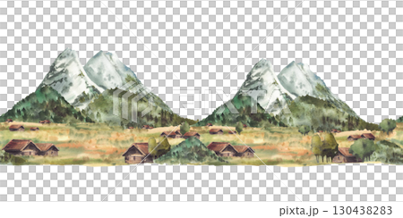Alpine mountains landscape seamless border. Watercolor Zugspitze peaks, rocks with Traditional Cabins, huts on hills and pasture fields. German or Bavarian landmark. Hand drawn isolated illustration 130438283