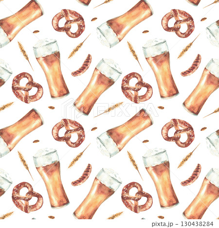 Watercolor pint of Beer with pretzel and sausage, grains of malt seamless pattern. Drink and food at Bavarian Oktoberfest festival. Hand painted illustration for fabric on isolated white background 130438284
