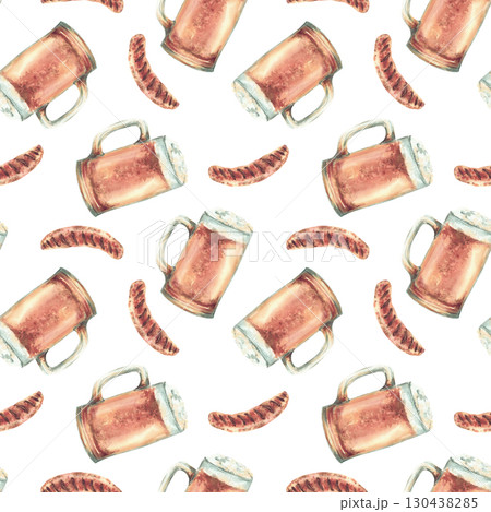 Watercolor Sausage and beer mug seamless pattern. Realistic hand painted grilled meat and foamy alcoholic drink. Food snack illustration for restaurant menu, eat packaging on isolated white background 130438285