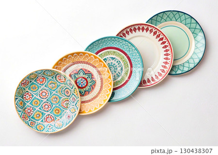 Five empty colored dinner plates for eating.Salad,side dish,meat fish dishes 130438307