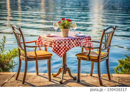 Waiting meet.Romantic table for two on the terrace by the river 130438317