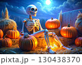 Halloween autumn holiday.Festive pumpkins,hay,cool skeleton 130438370