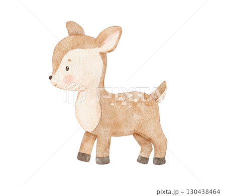 Watercolor cute woodland animal, little deer, hand drawn illustration for baby in neutral colors. Isolated pastel drawing 130438464