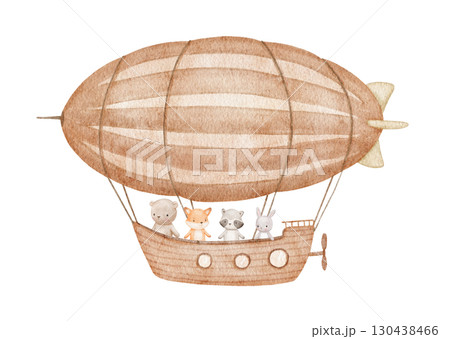 Hot airship with cute baby animal. Bear, bunny and panda, watercolor isolated illustrations for poster or card Hot airship with cute baby animal. Bear, bunny and panda, watercolor isolated illustrations for poster or card 130438466