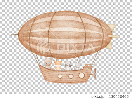 Hot airship with cute baby animal. Bear, bunny and panda, watercolor isolated illustrations for poster or card Hot airship with cute baby animal. Bear, bunny and panda, watercolor isolated illustrations for poster or card 130438466