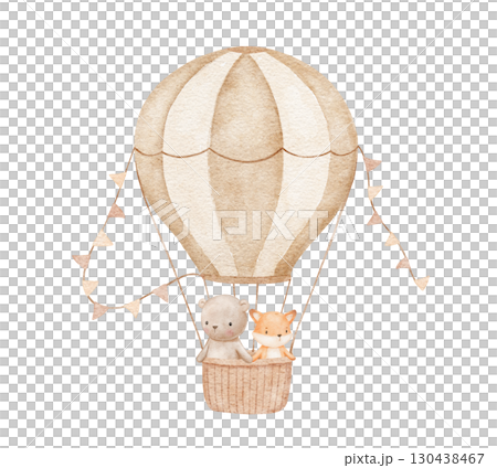 Hot air balloon with cute baby animal. Bear, fox, watercolor isolated illustrations for poster or card 130438467