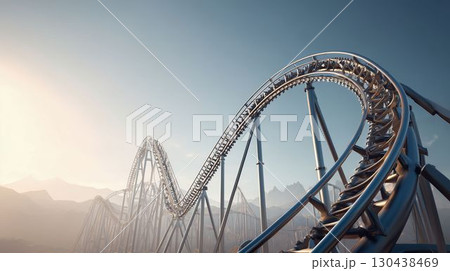 朝焼けのジェットコースターと曲線レール 130438469