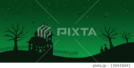 Silhouette characters of dark Halloween night on green background with castle, grave, tree, bats, Vector illustration Silhouette characters of dark Halloween night on green background with castle, grave, tree, bats, Vector illustration 130438841