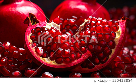 Vibrant red pomegranate seeds in artistic fruit composition 130438854