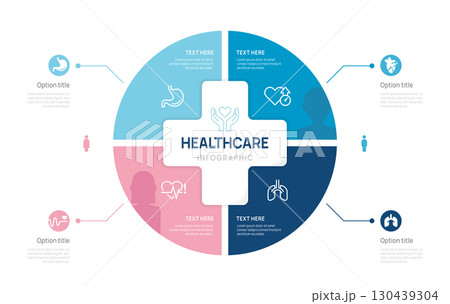 Healthcare infographic template with circular chart, medical cross center, and health icons vector. 130439304