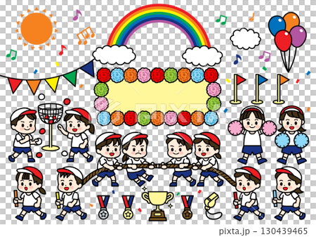 Sports day mini character illustration set (ball throwing, tug of war, relay, cheering) 130439465