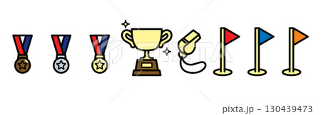 運動会イラスト素材（メダル・トロフィー・ホイッスル・旗） 130439473