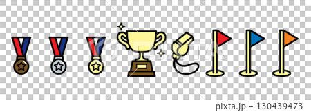 運動会イラスト素材（メダル・トロフィー・ホイッスル・旗） 130439473