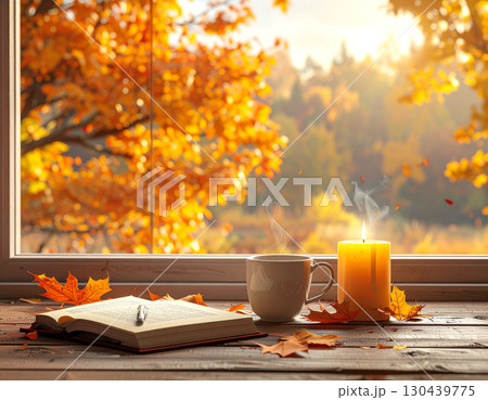 autumn interior window with golden trees view generative ai autumn interior window with golden trees view generative ai 130439775